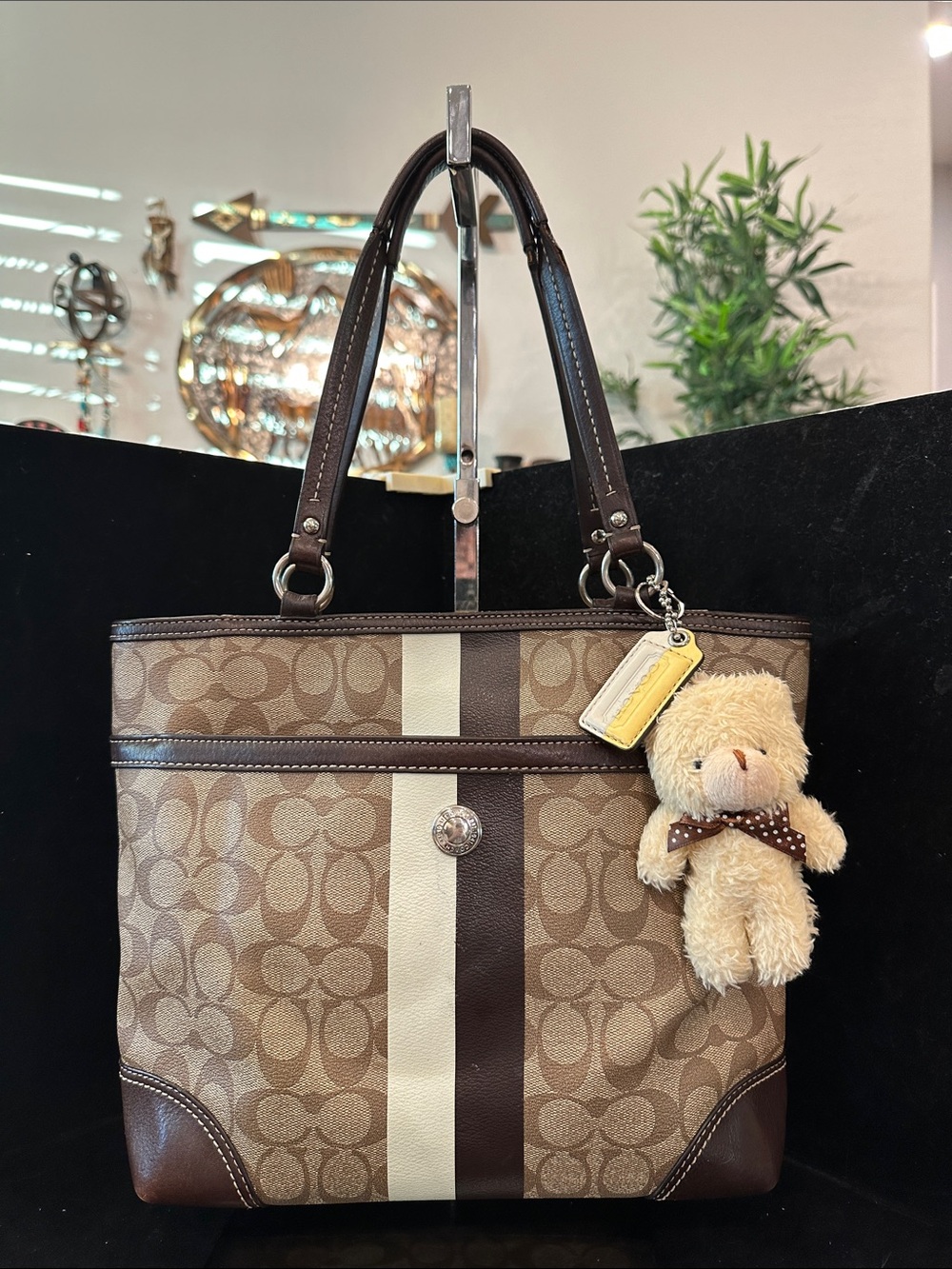 Coach #102 Brown and Cream Signature Stripe Tote with Bear Charm